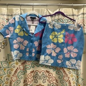 Forever 21 tropical cardigan sweater and matching sweater-knit skirt